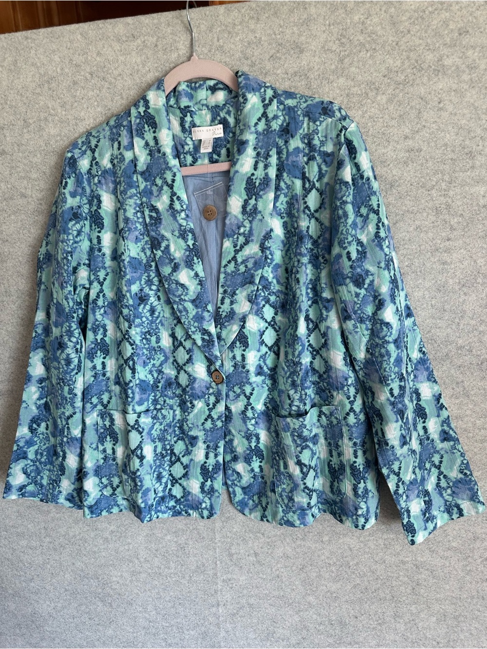 Susan Graver Blue and Green Printed Casual Cotton Blazer Jacket